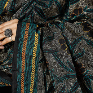 Black - Bengal Nakshi Kantha Embroidery Tussar Silk Handloom Dupatta