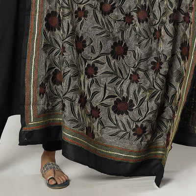 Black - Bengal Nakshi Kantha Embroidery Tussar Silk Handloom Dupatta