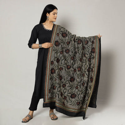 Black - Bengal Nakshi Kantha Embroidery Tussar Silk Handloom Dupatta