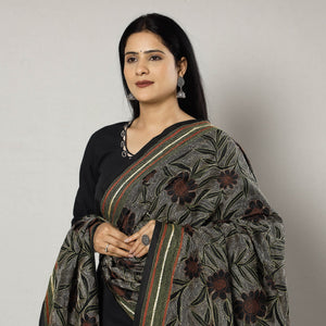 Black - Bengal Nakshi Kantha Embroidery Tussar Silk Handloom Dupatta