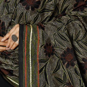 Black - Bengal Nakshi Kantha Embroidery Tussar Silk Handloom Dupatta