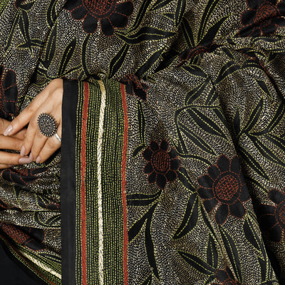 Black - Bengal Nakshi Kantha Embroidery Tussar Silk Handloom Dupatta