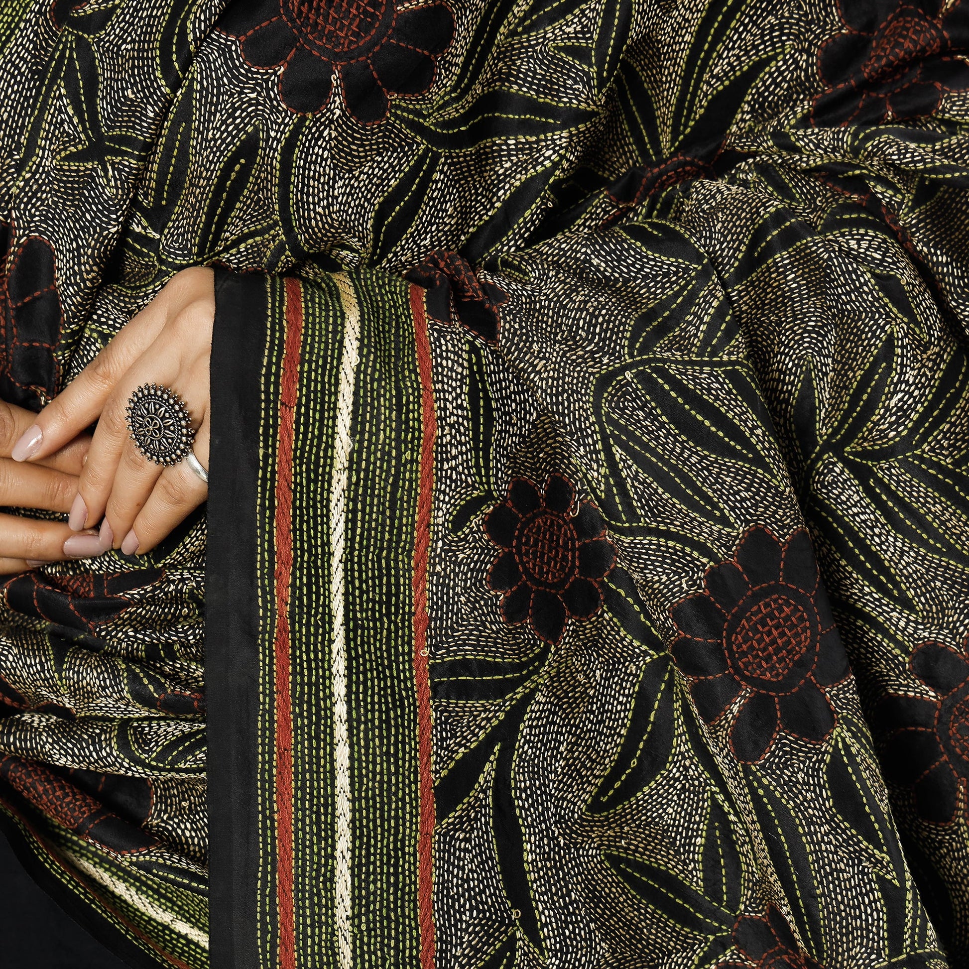 Black - Bengal Nakshi Kantha Embroidery Tussar Silk Handloom Dupatta