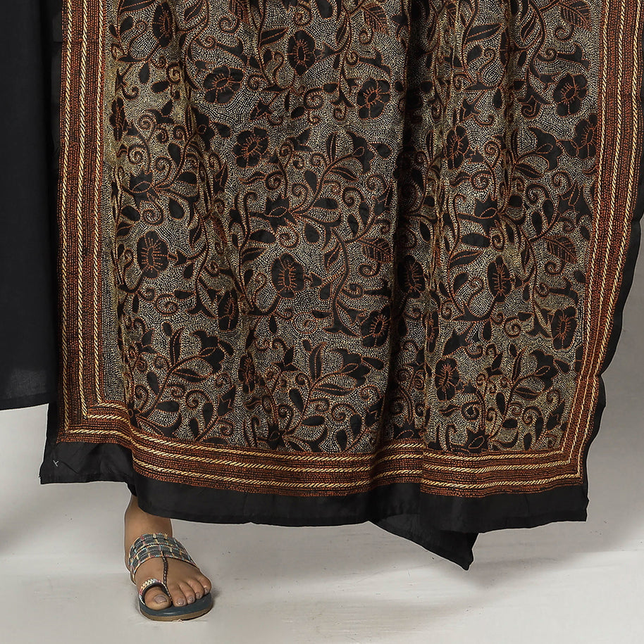 Black - Bengal Nakshi Kantha Embroidery Tussar Silk Handloom Dupatta