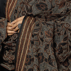 Black - Bengal Nakshi Kantha Embroidery Tussar Silk Handloom Dupatta