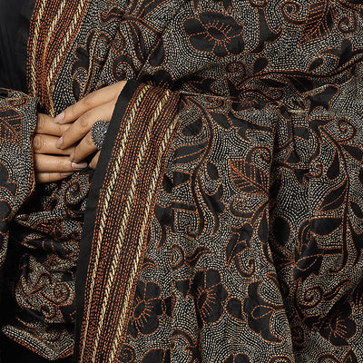 Black - Bengal Nakshi Kantha Embroidery Tussar Silk Handloom Dupatta