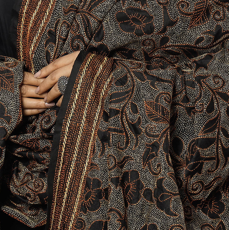 Black - Bengal Nakshi Kantha Embroidery Tussar Silk Handloom Dupatta