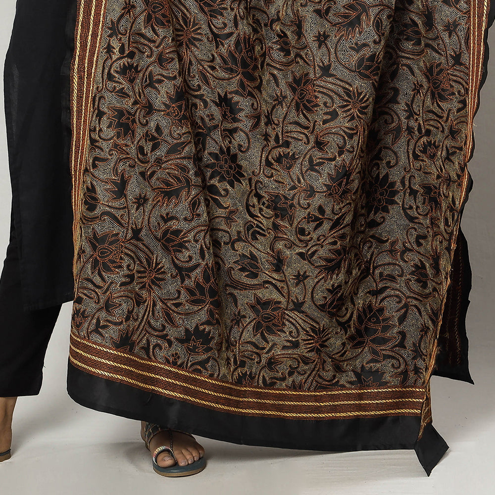 Black - Bengal Nakshi Kantha Embroidery Tussar Silk Handloom Dupatta
