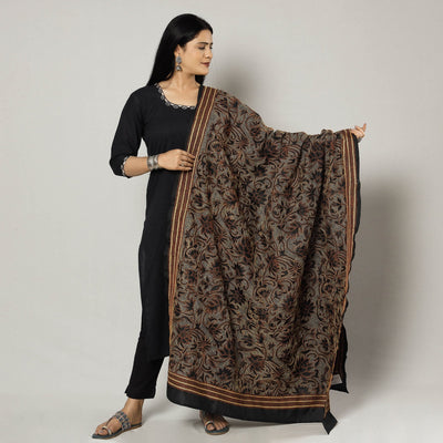 Black - Bengal Nakshi Kantha Embroidery Tussar Silk Handloom Dupatta