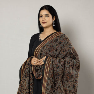 Black - Bengal Nakshi Kantha Embroidery Tussar Silk Handloom Dupatta