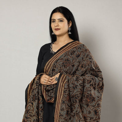 Black - Bengal Nakshi Kantha Embroidery Tussar Silk Handloom Dupatta