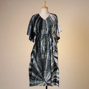 Black - Shibori Tie-Dye Cotton Kaftan with Tie-Up Waist (Medium)