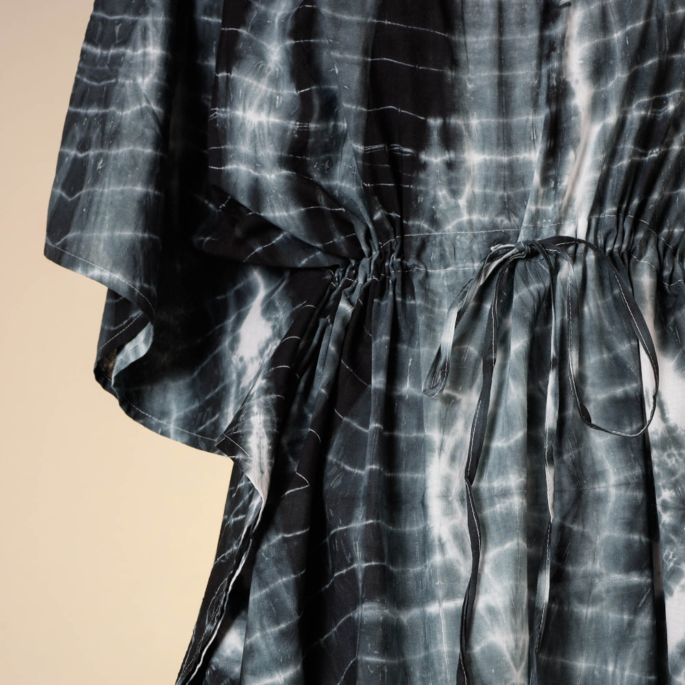 Black - Shibori Tie-Dye Cotton Kaftan with Tie-Up Waist (Medium)