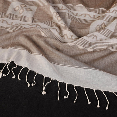 Brown - Authentic Dhakai Muslin Jamdani Handwoven Pure Cotton Stole with Tassels