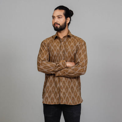 Brown - Pochampally Ikat Cotton Men Full Sleeve Shirt