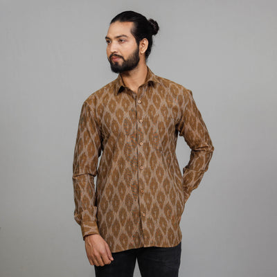 Brown - Pochampally Ikat Cotton Men Full Sleeve Shirt