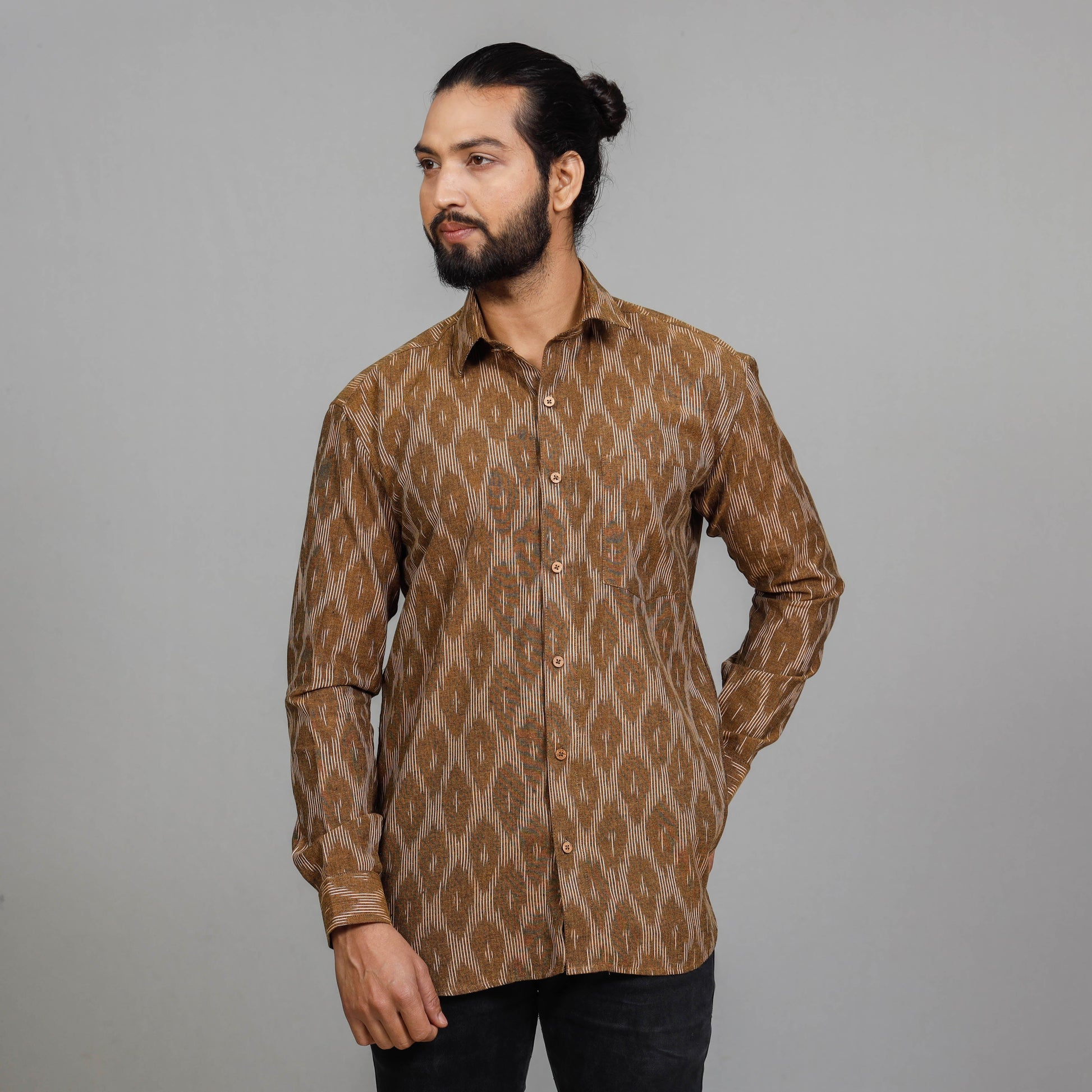 Brown - Pochampally Ikat Cotton Men Full Sleeve Shirt