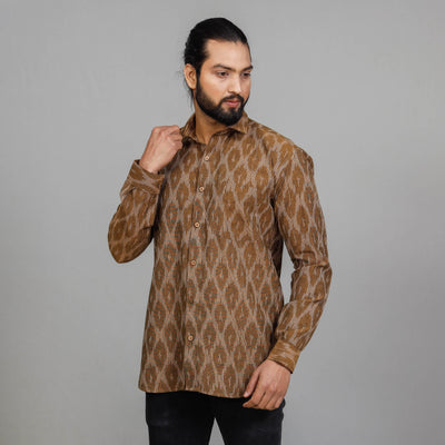 Brown - Pochampally Ikat Cotton Men Full Sleeve Shirt