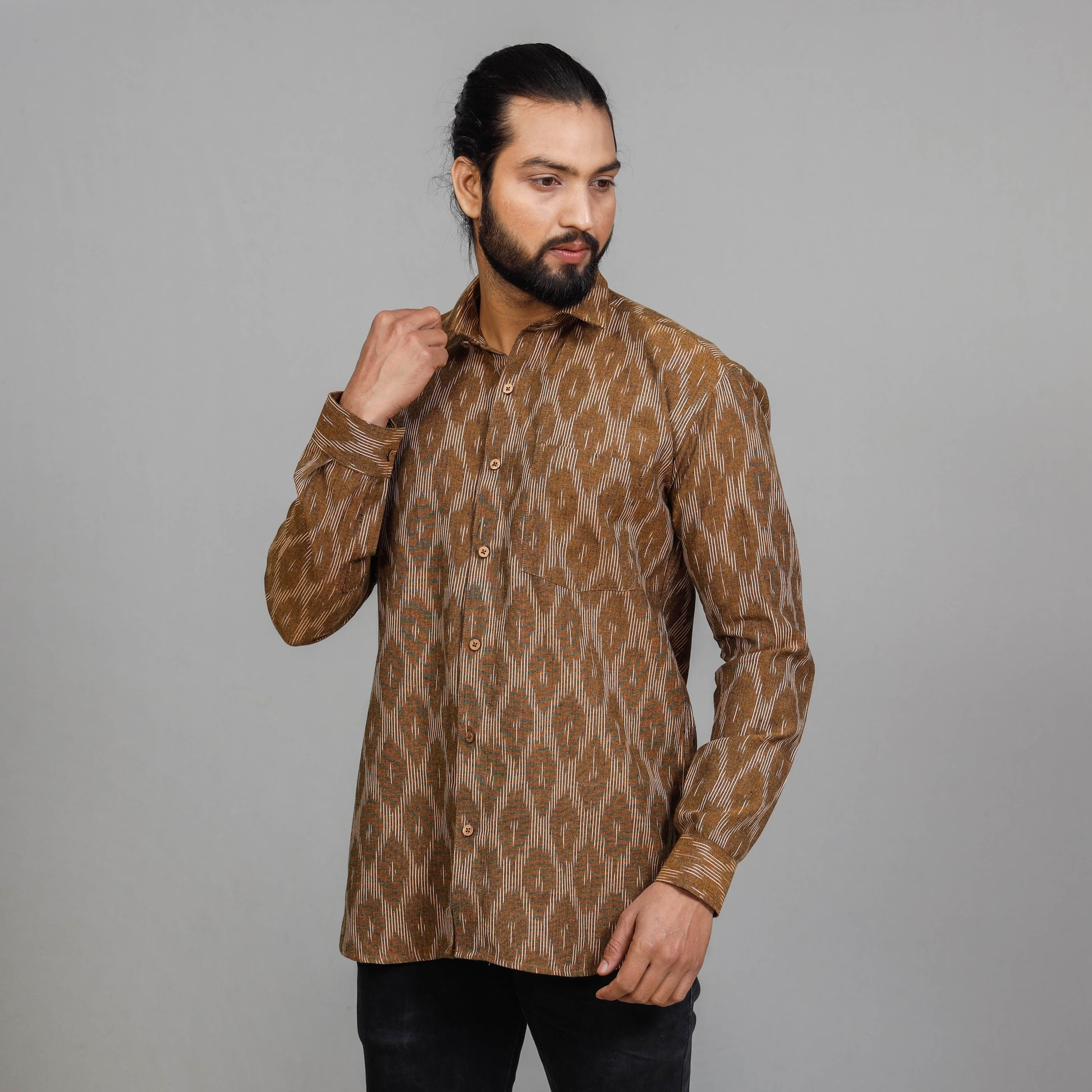 Brown - Pochampally Ikat Cotton Men Full Sleeve Shirt