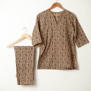 Brown - Sanganeri Block Printed Cotton Night Suit