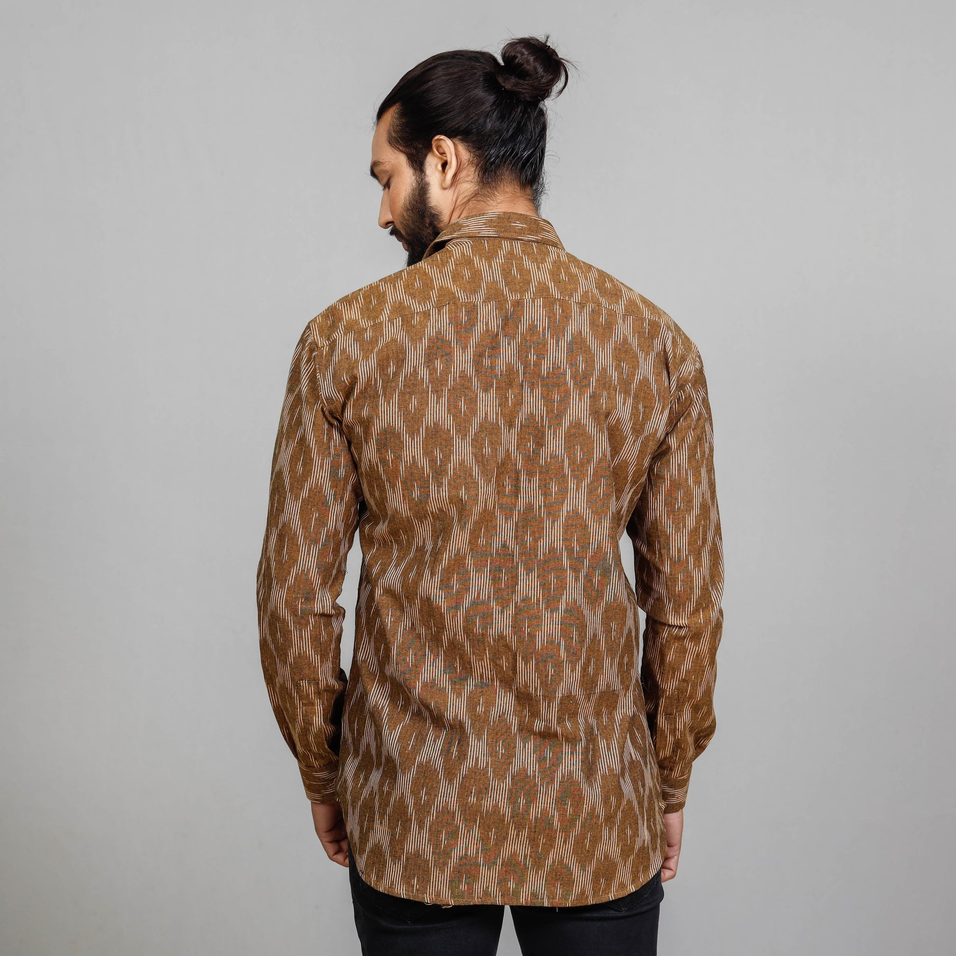 Brown - Pochampally Ikat Cotton Men Full Sleeve Shirt