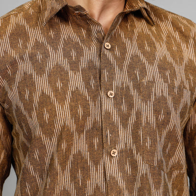 Brown - Pochampally Ikat Cotton Men Full Sleeve Shirt