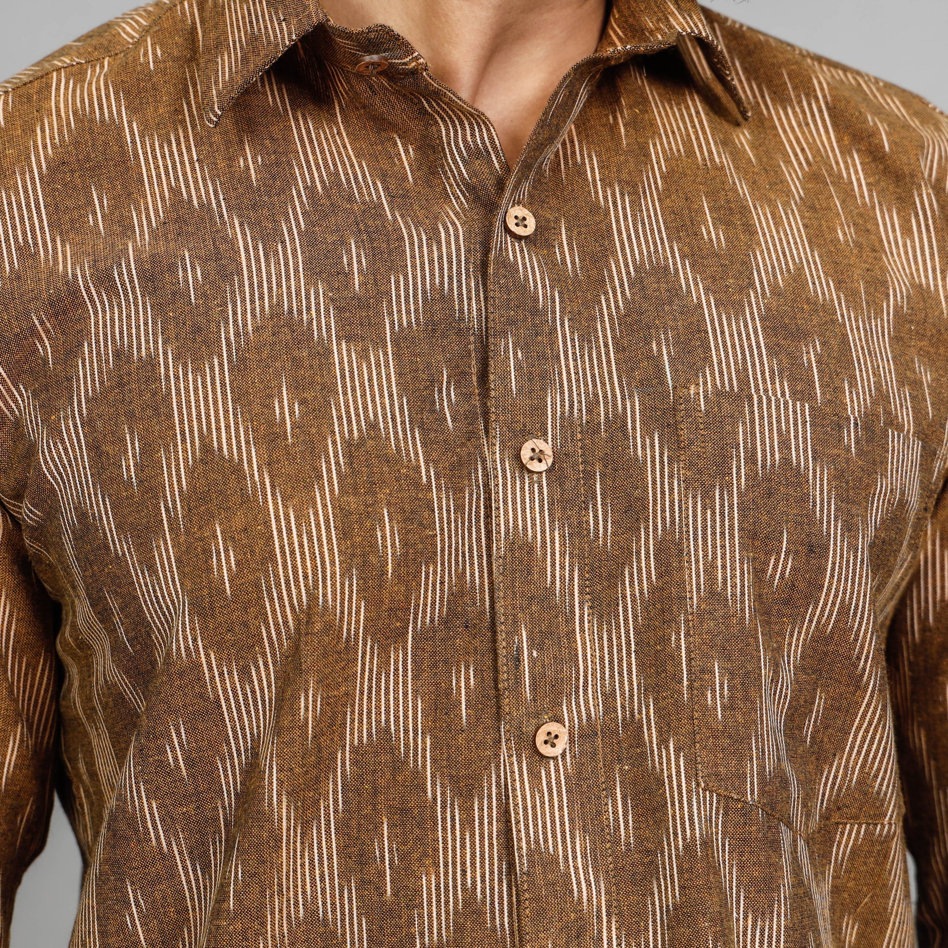 Brown - Pochampally Ikat Cotton Men Full Sleeve Shirt