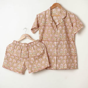 Beige -  Sanganeri Block Printed Cotton Night Suit
