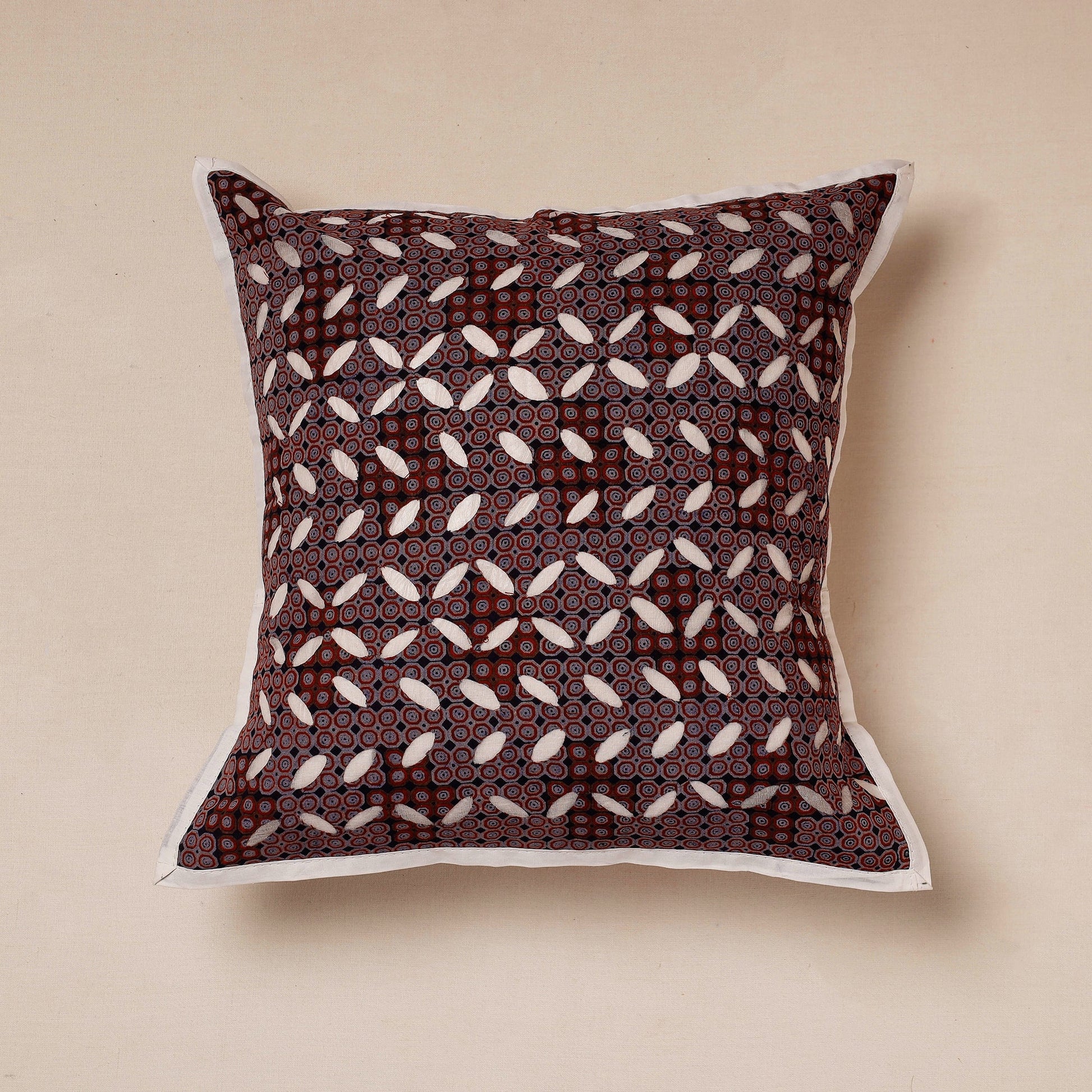 Brown - Cutwork Cotton Applique Cushion Cover (16 x 16 in)