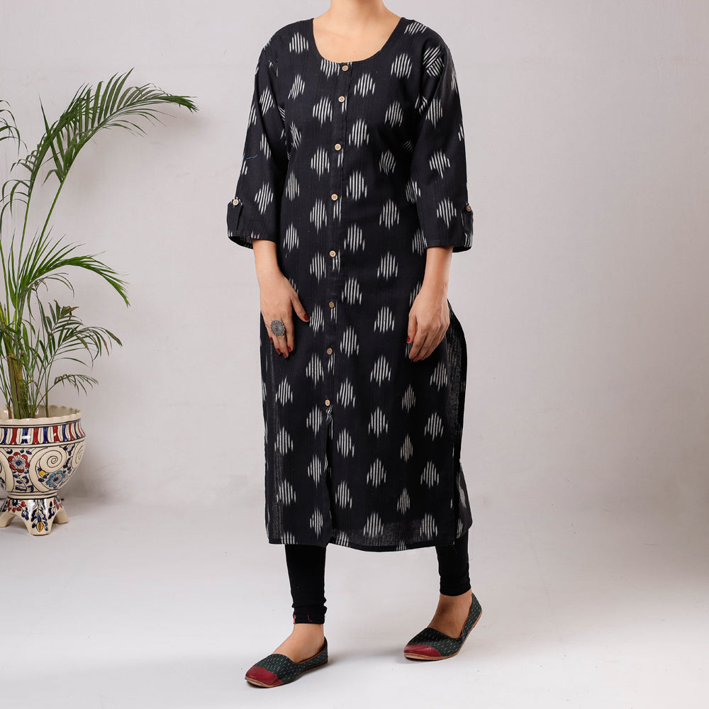 Black Ikat Weave Cotton Long Kurta