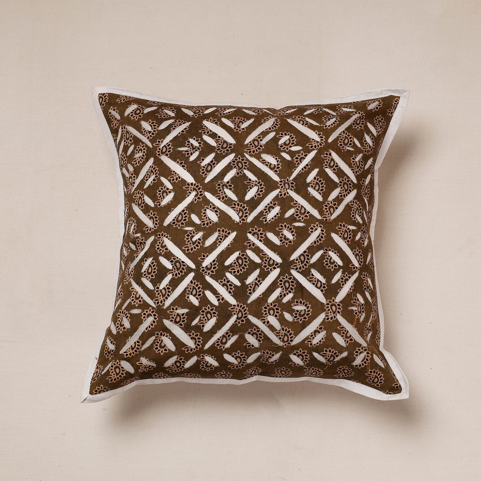 Brown - Cutwork Cotton Applique Cushion Cover (16 x 16 in)