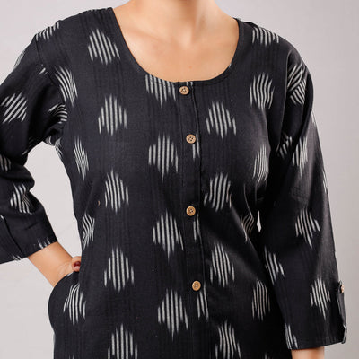 Black Ikat Weave Cotton Long Kurta