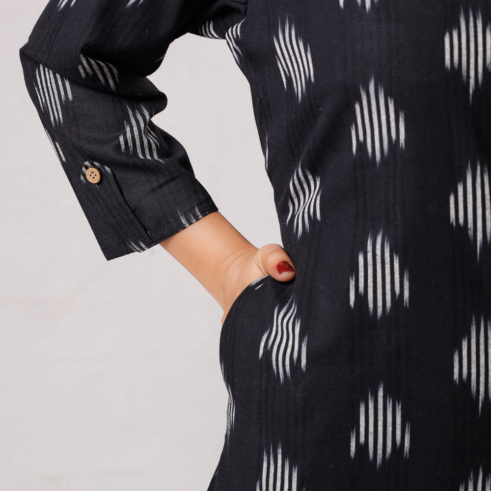 Black Ikat Weave Cotton Long Kurta
