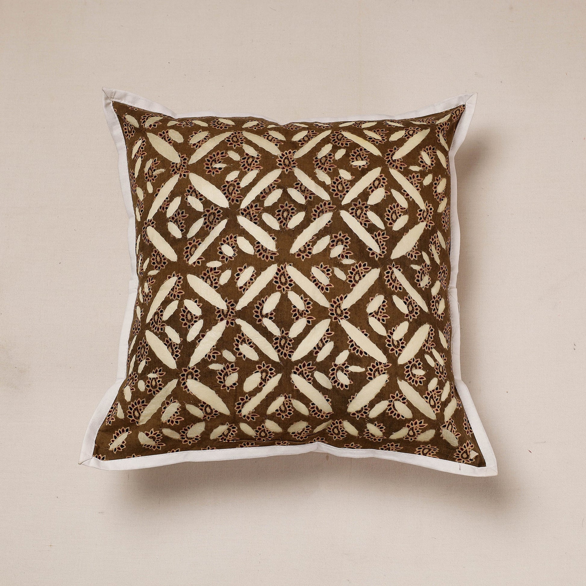 Brown - Cutwork Cotton Applique Cushion Cover (16 x 16 in)