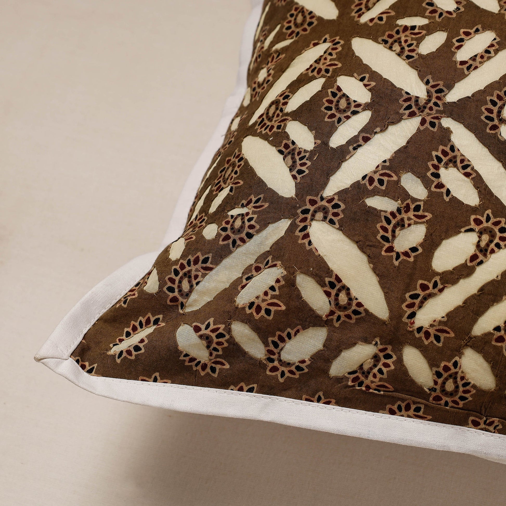 Brown - Cutwork Cotton Applique Cushion Cover (16 x 16 in)