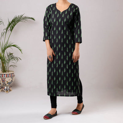 Black - Pochampally Ikat Weave Cotton Long Straight Kurta 13