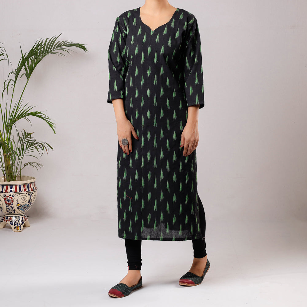Black - Pochampally Ikat Weave Cotton Long Straight Kurta 13