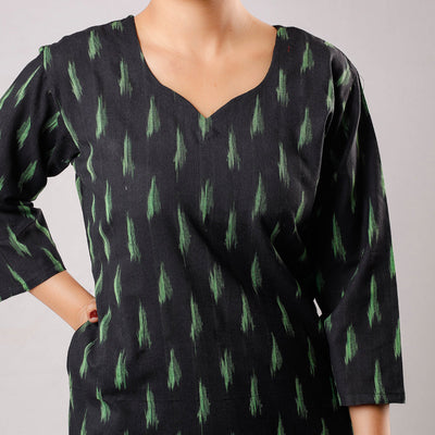 Black - Pochampally Ikat Weave Cotton Long Straight Kurta 13