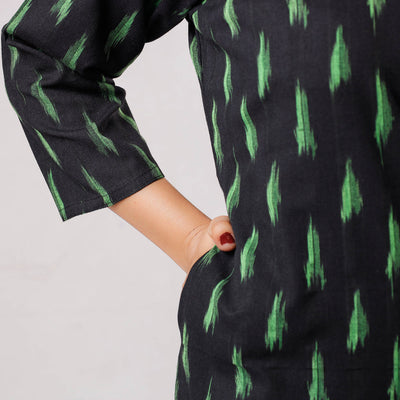 Black - Pochampally Ikat Weave Cotton Long Straight Kurta 13