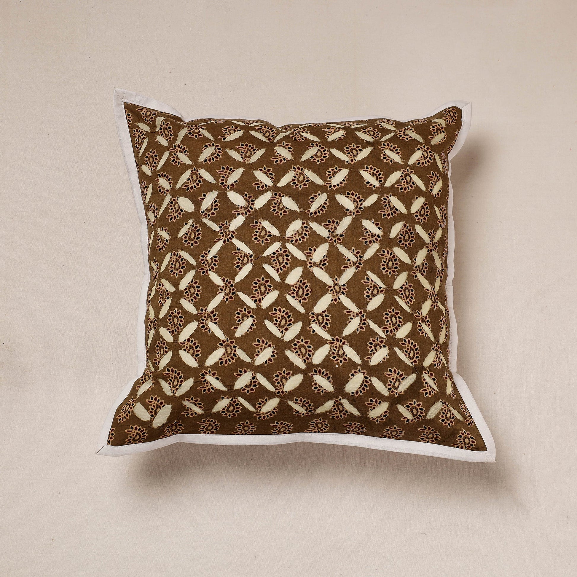 Brown - Cutwork Cotton Applique Cushion Cover (16 x 16 in)