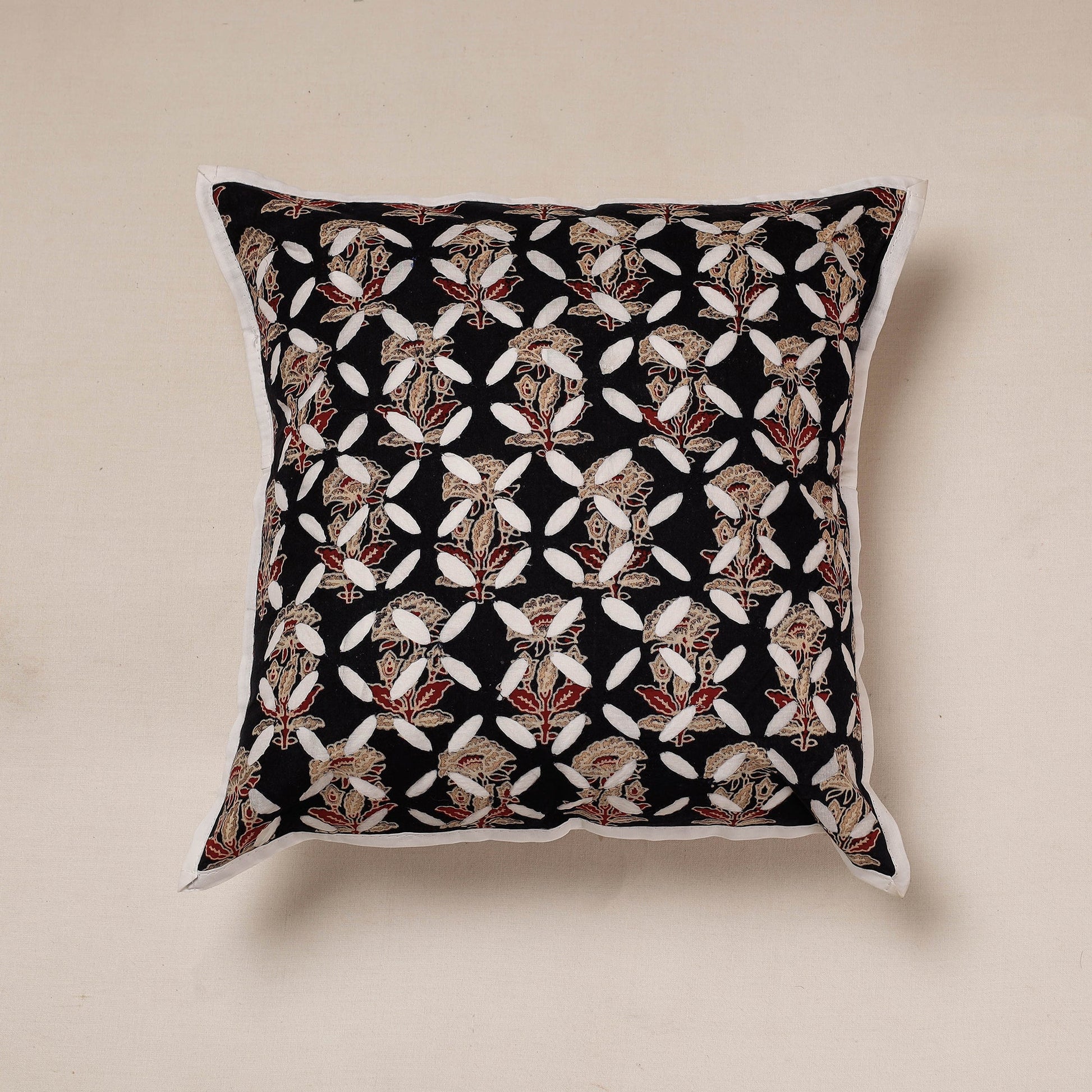 Black - Cutwork Cotton Applique Cushion Cover (16 x 16 in)
