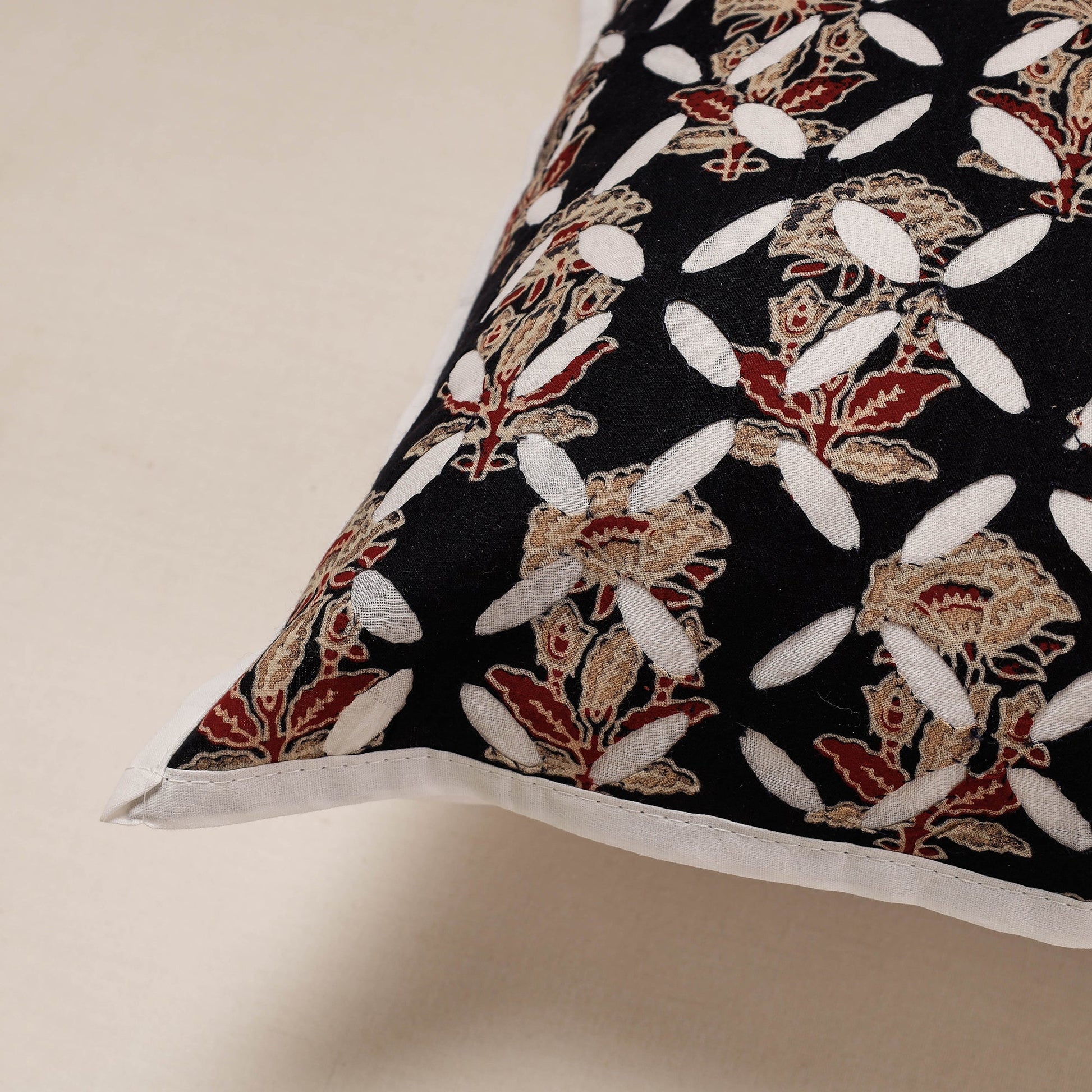 Black - Cutwork Cotton Applique Cushion Cover (16 x 16 in)