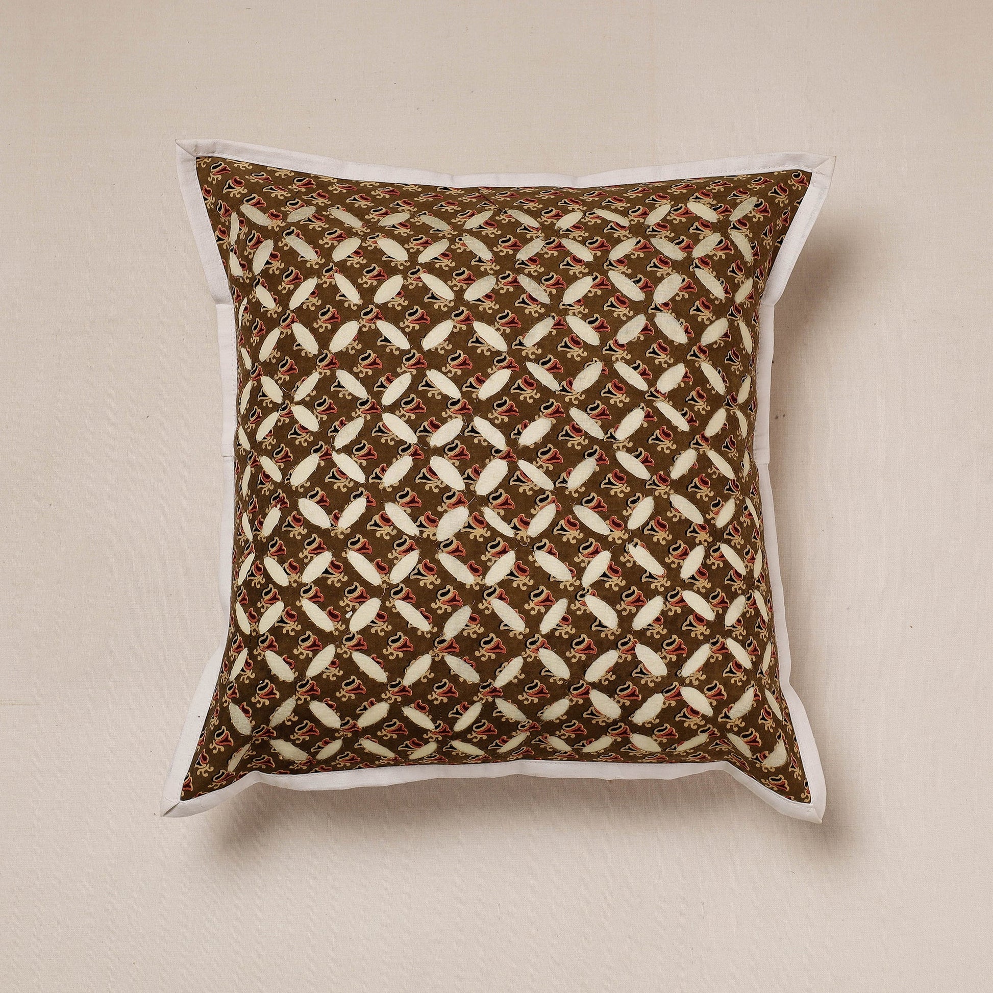 Brown - Cutwork Cotton Applique Cushion Cover (16 x 16 in)