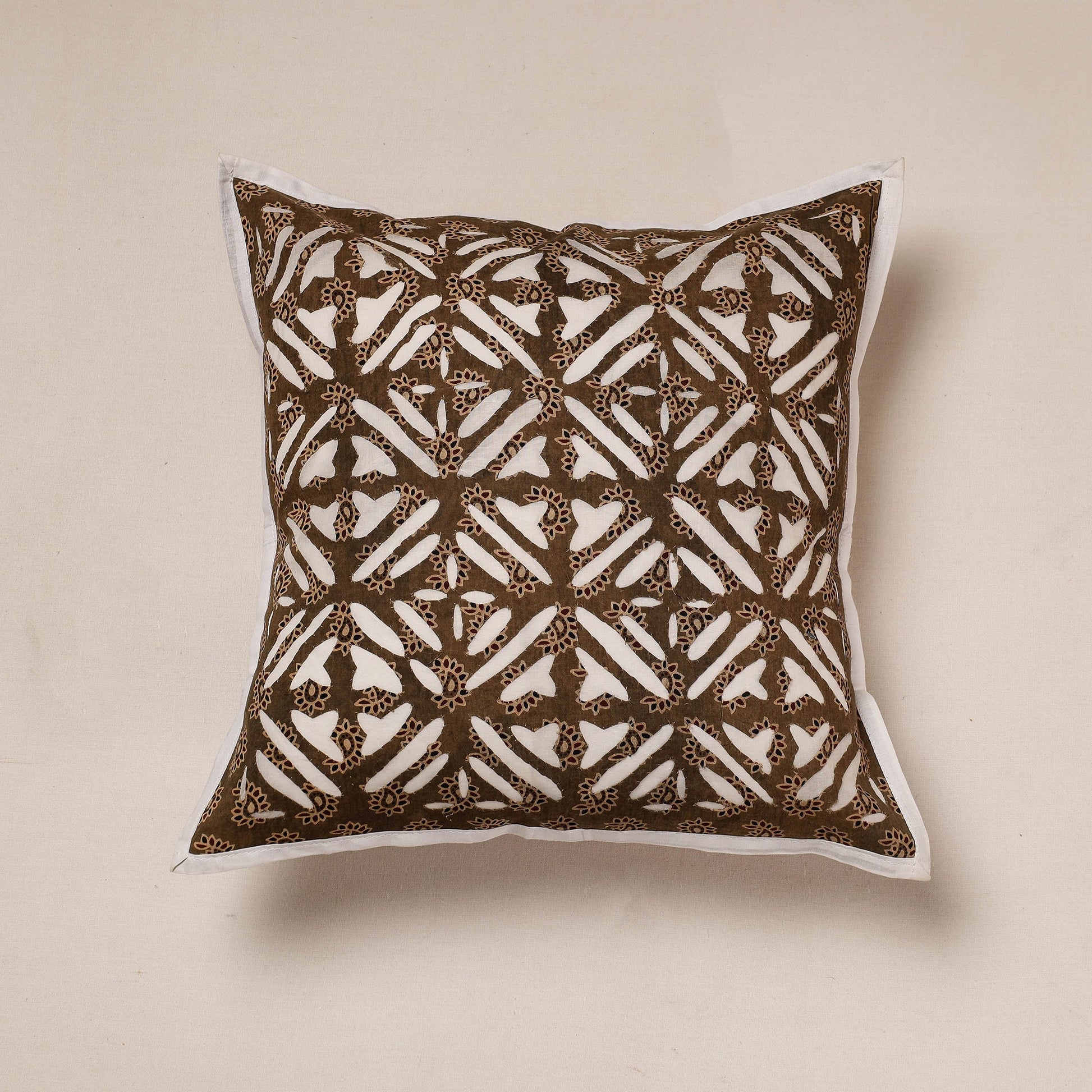 Brown - Cutwork Cotton Applique Cushion Cover (16 x 16 in)
