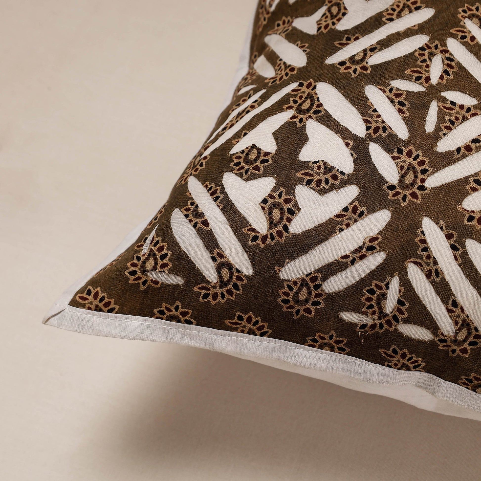 Brown - Cutwork Cotton Applique Cushion Cover (16 x 16 in)