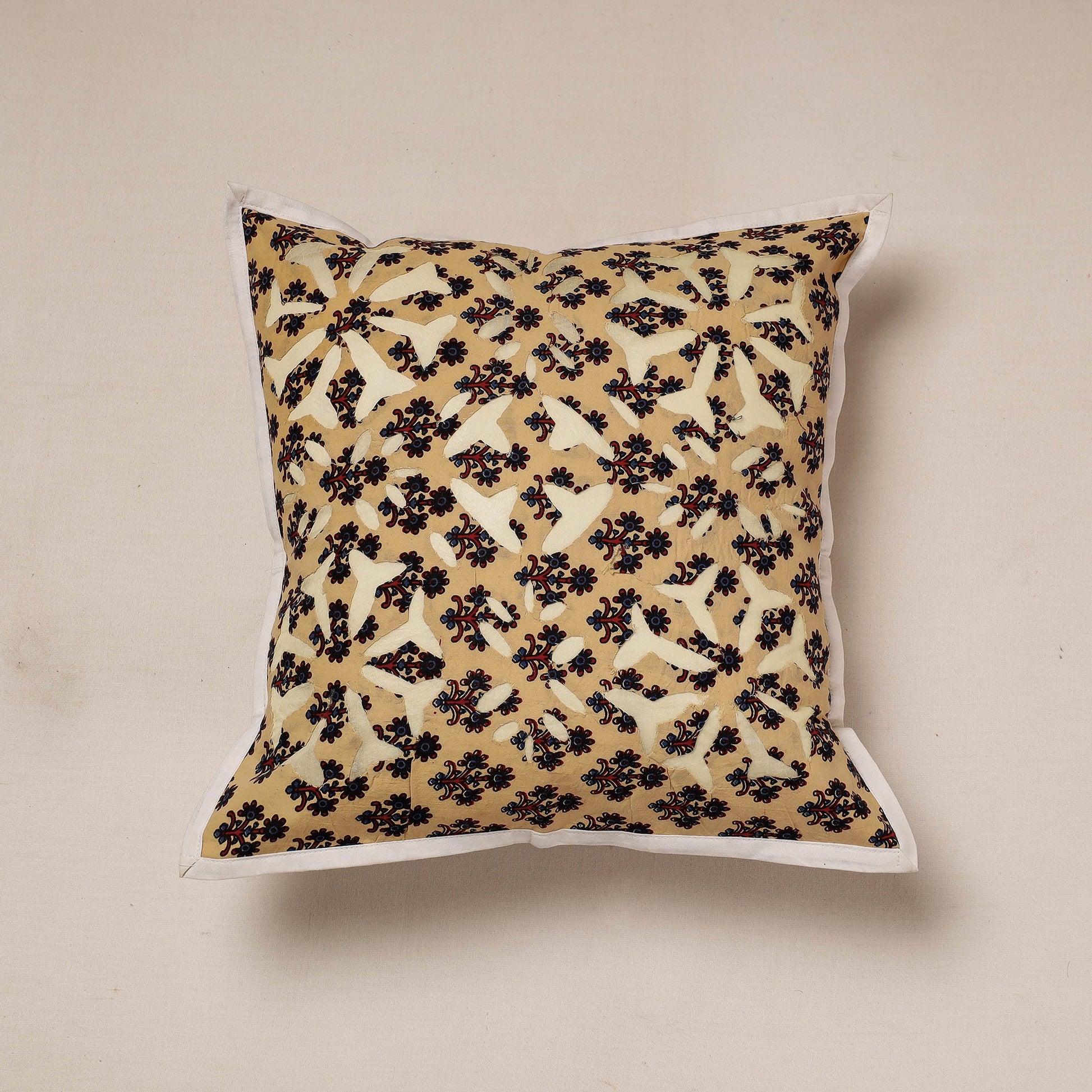 Beige - Cutwork Cotton Applique Cushion Cover (16 x 16 in)