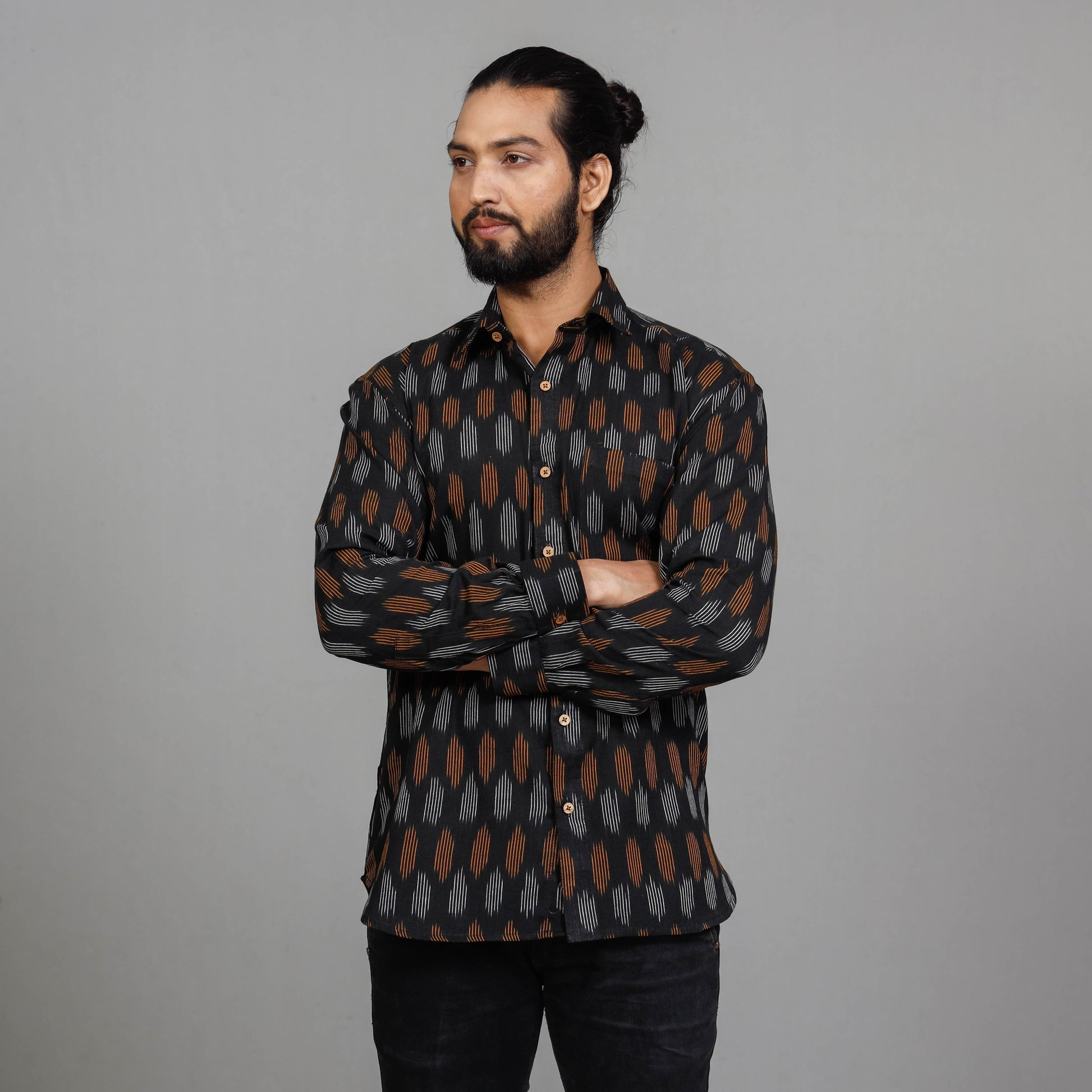 Black - Pochampally Ikat Cotton Men Full Sleeve Shirt