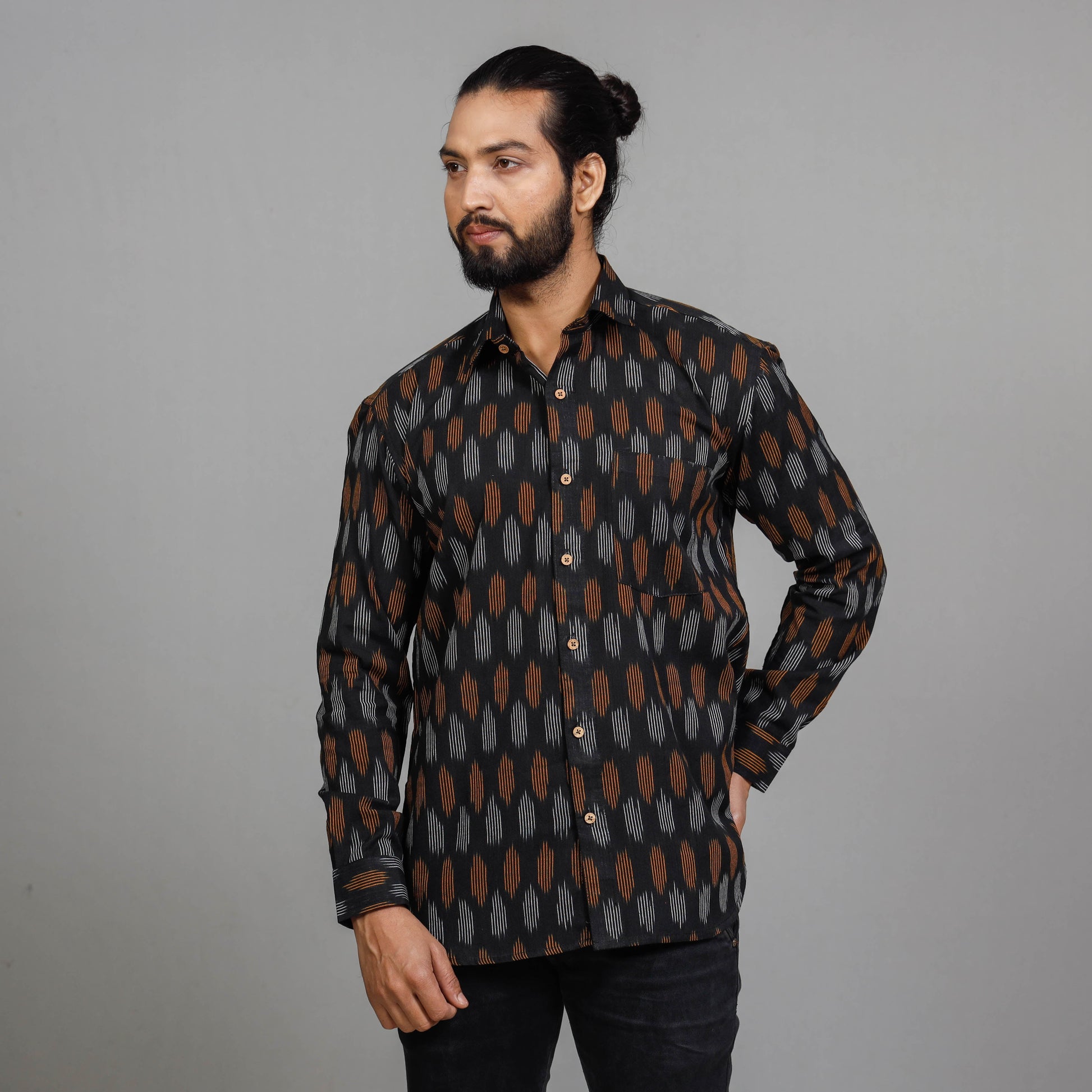 Black - Pochampally Ikat Cotton Men Full Sleeve Shirt