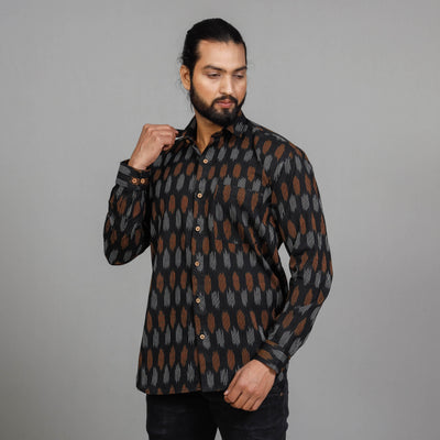 Black - Pochampally Ikat Cotton Men Full Sleeve Shirt