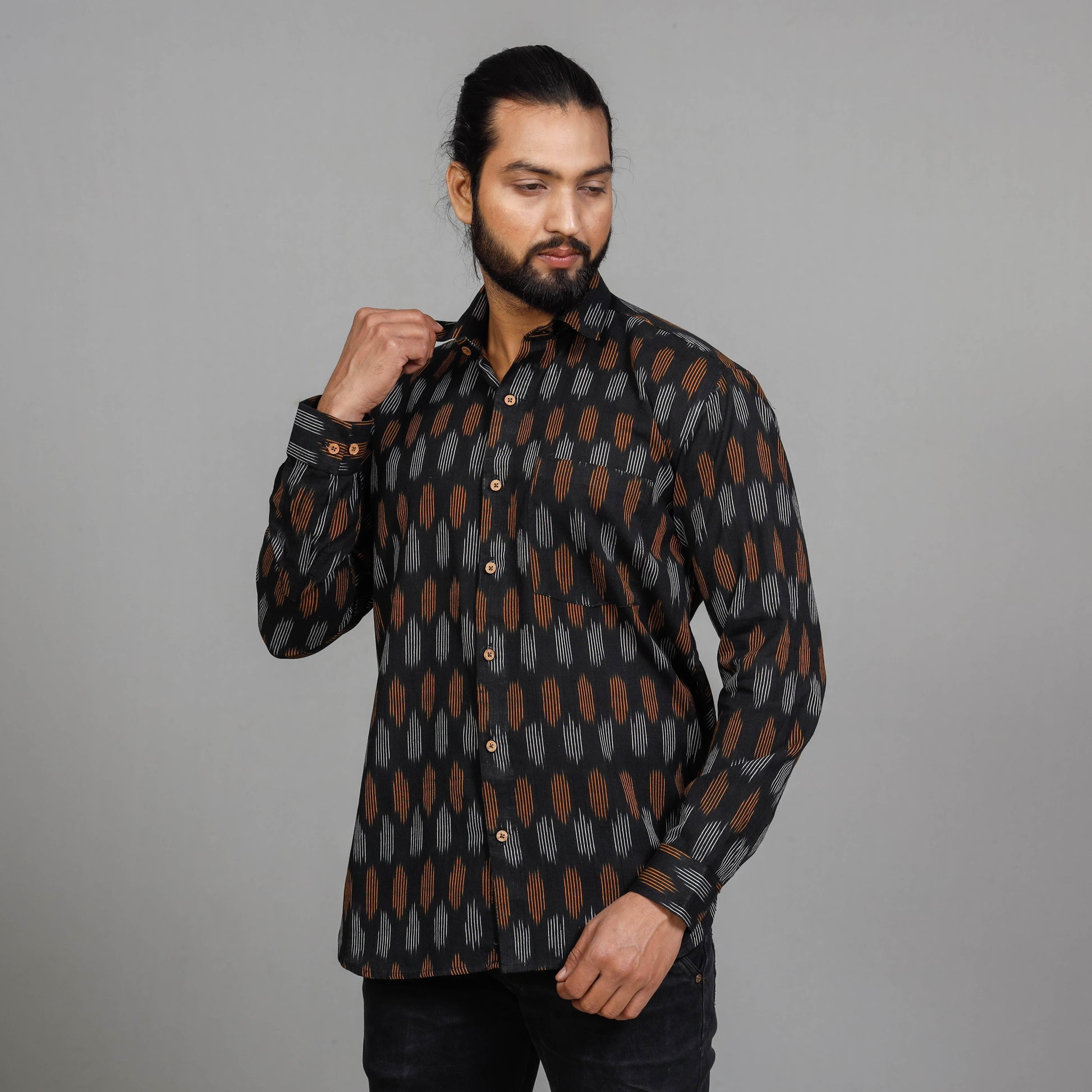 Black - Pochampally Ikat Cotton Men Full Sleeve Shirt